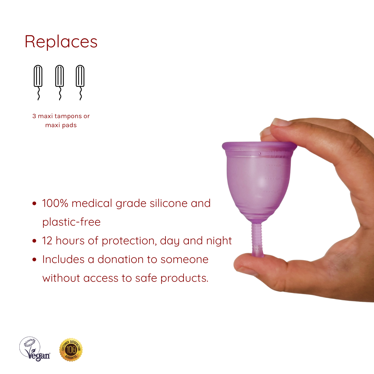 Purple Ruby Cup menstrual cup held by a hand with product features listed