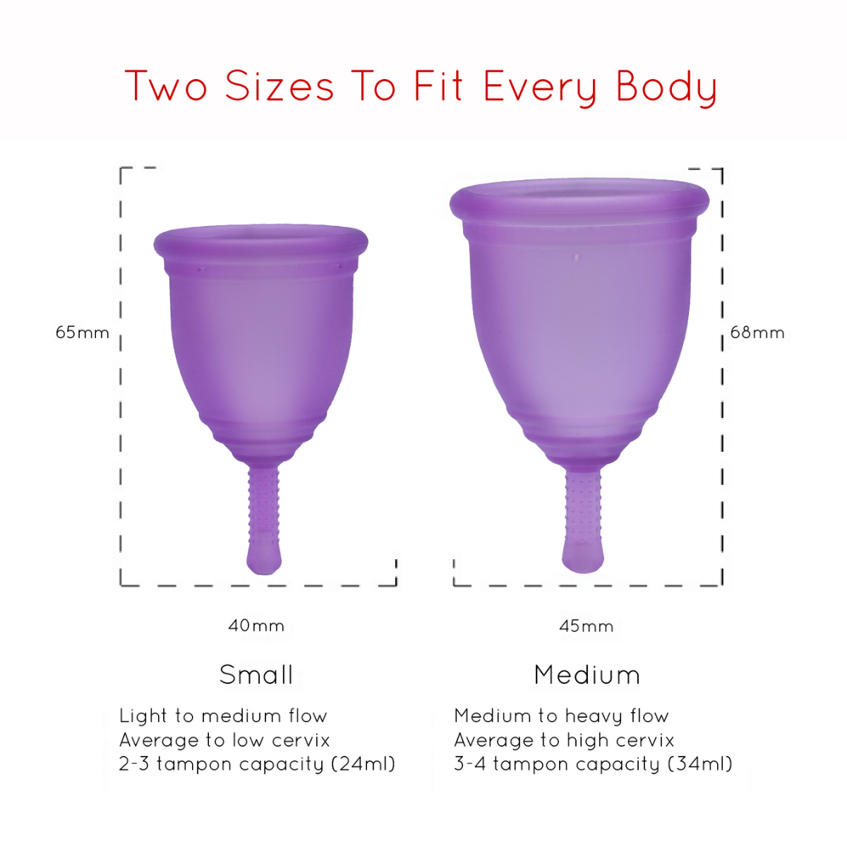 Two purple Ruby Cup menstrual cups with size comparison Small and Medium
