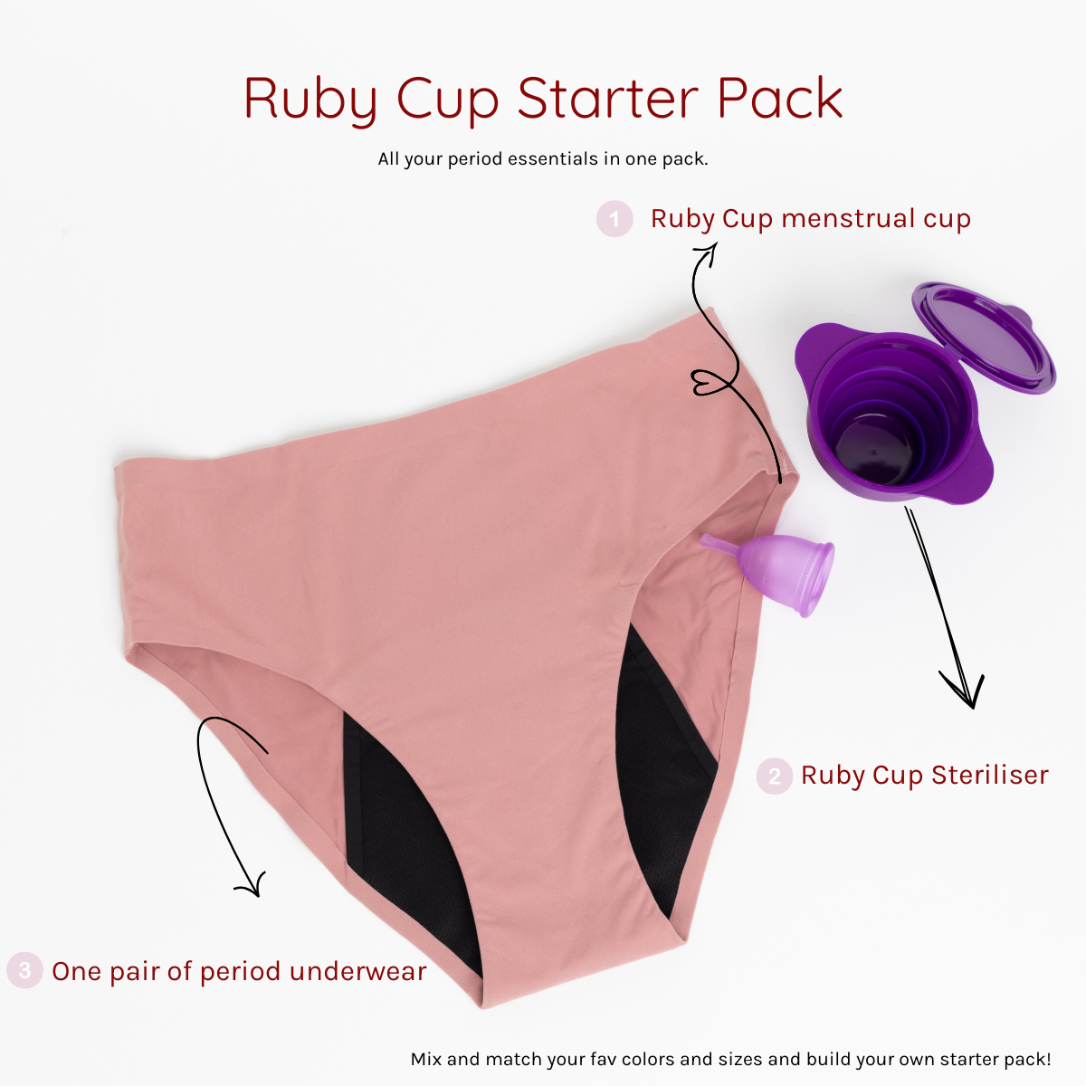 Ruby Cup Starter Pack with menstrual cup, sterilizer, and Flow Freedom period underwear
