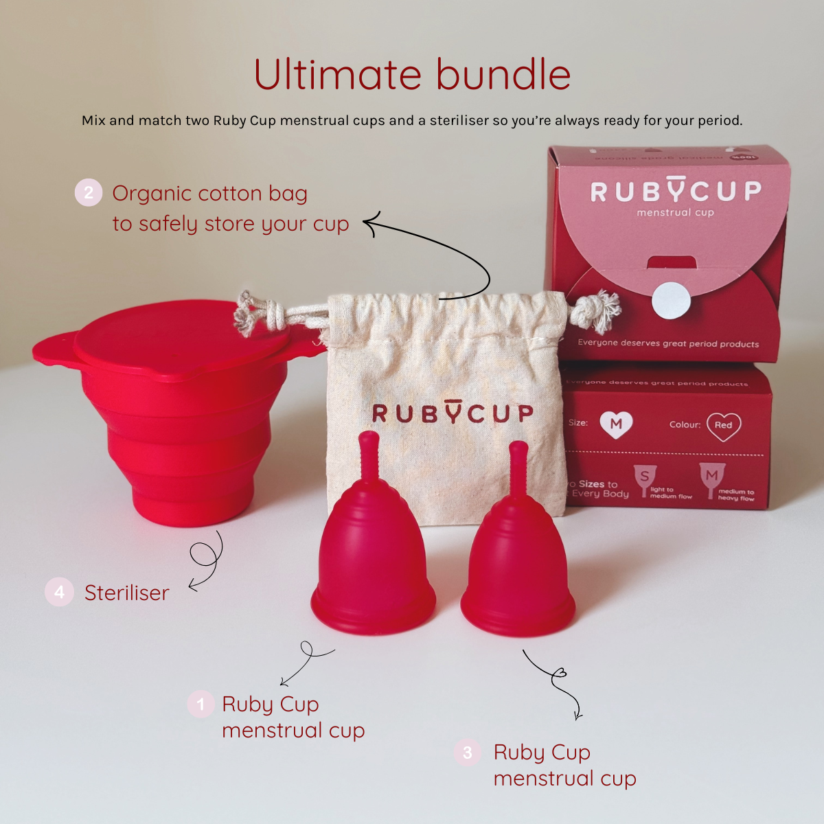 Ruby Cup menstrual cups and steriliser in red with packaging and organic cotton bag on a white background