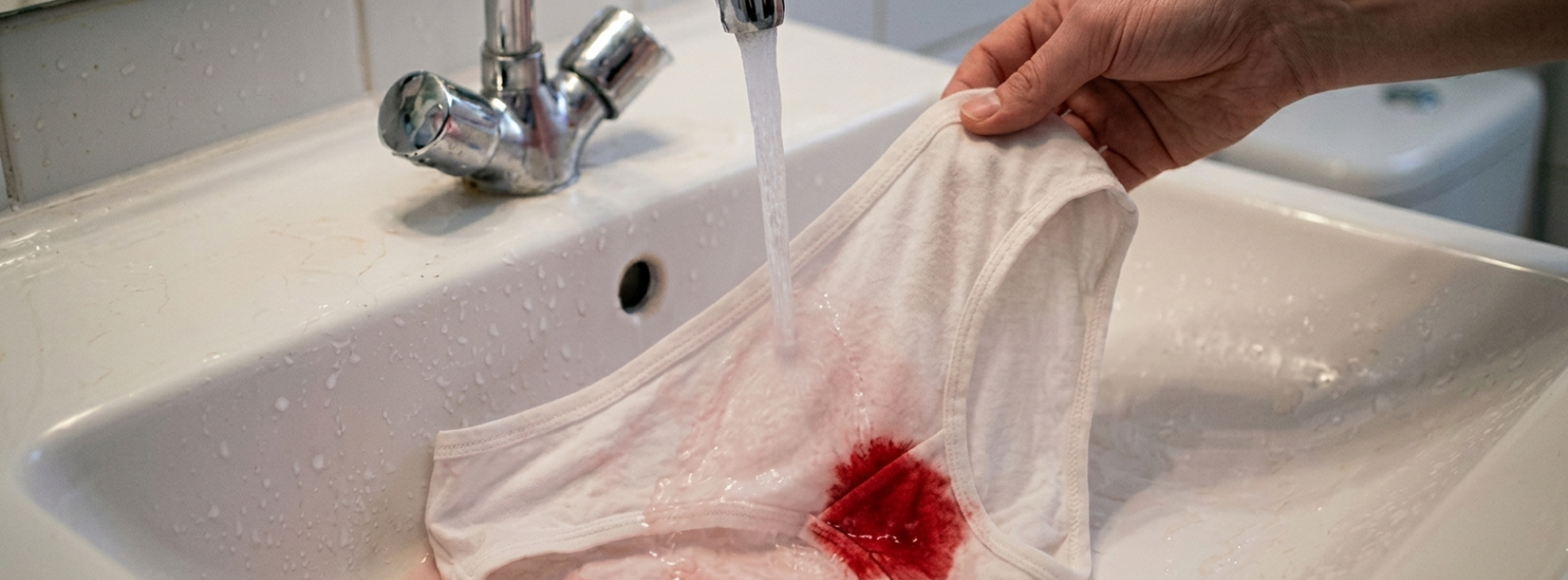 rinsing period blood stain from cotton underwear under cold tap water