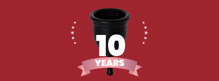 Ruby Cup menstrual cup with '10 Years' text on a red background