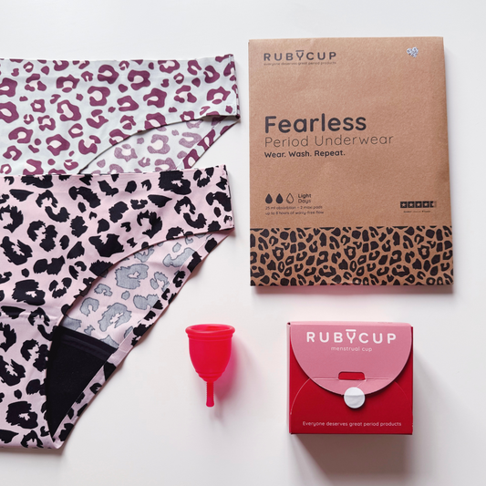 Ruby Cup period products including a cup, underwear, and packaging on a white background