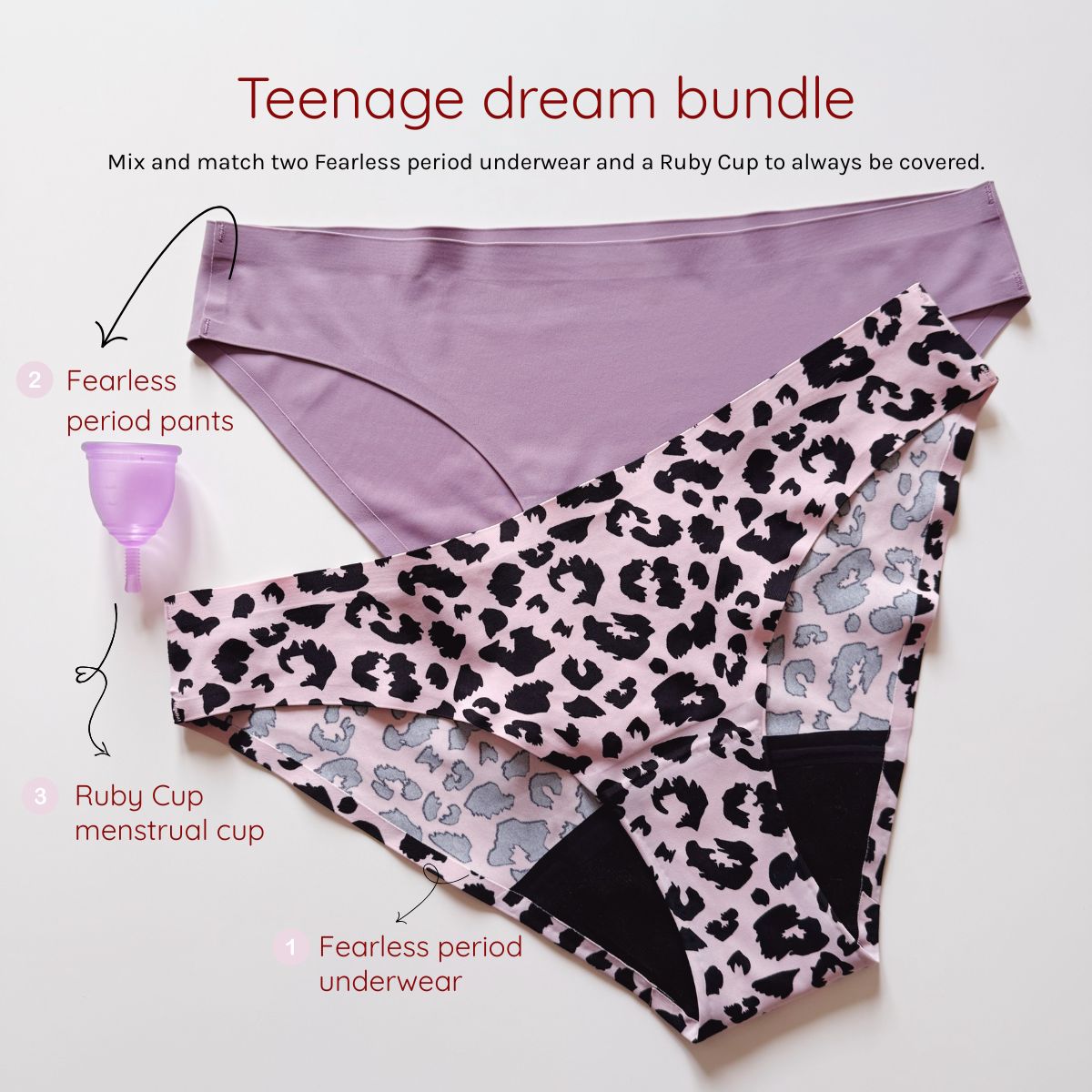 Teenage dream bundle with Ruby Cup Feraless period underwear and purple menstrual cup 