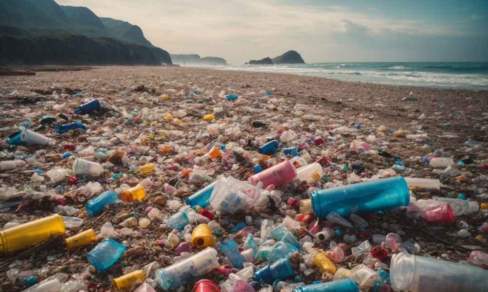 Polluted beach with plastic waste and mountains in the background