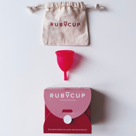 Ruby Cup menstrual cup in red with cotton bag and cardbox
