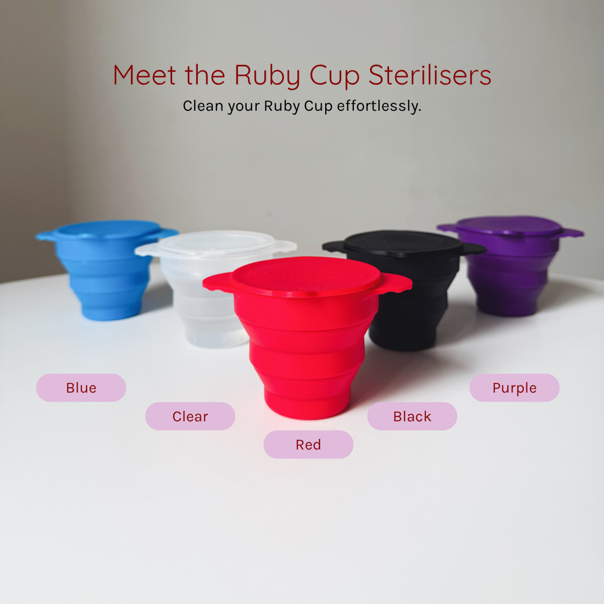 Ruby Cup sterilisers for period cups in different colours