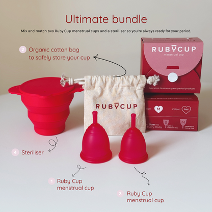 Ruby Cup menstrual cups and steriliser in red with packaging and organic cotton bag on a white background