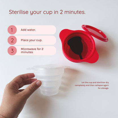 Ruby Cup menstrual cup's steriliser and text with info on how to use it 