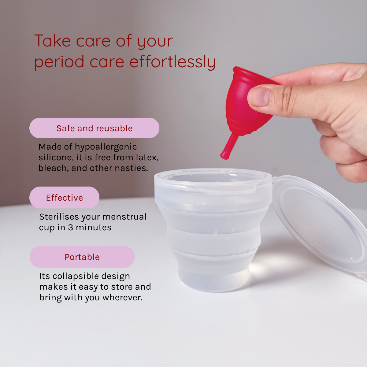 Menstrual cup and steriliser Ruby Cup with text highlighting features