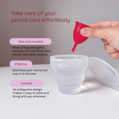 Menstrual cup and steriliser Ruby Cup with text highlighting features